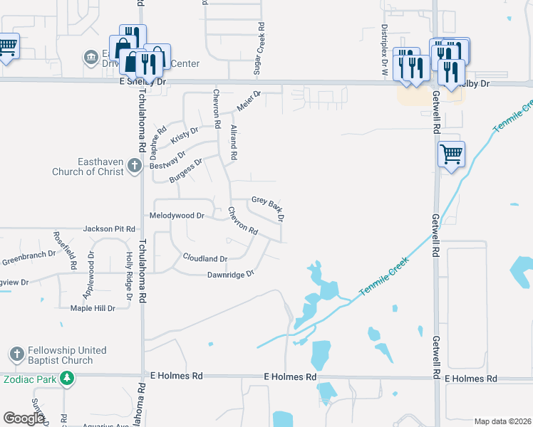 map of restaurants, bars, coffee shops, grocery stores, and more near 3481 Grey Bark Drive in Memphis