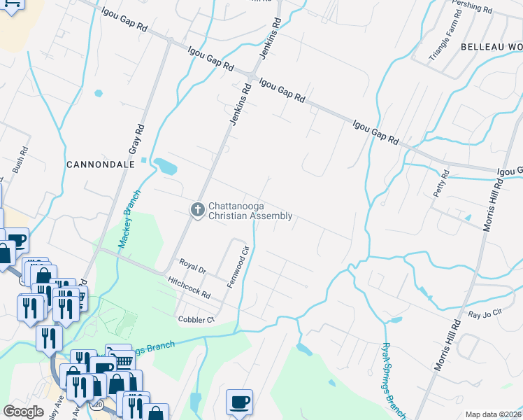 map of restaurants, bars, coffee shops, grocery stores, and more near 8152 Graham Road in Chattanooga