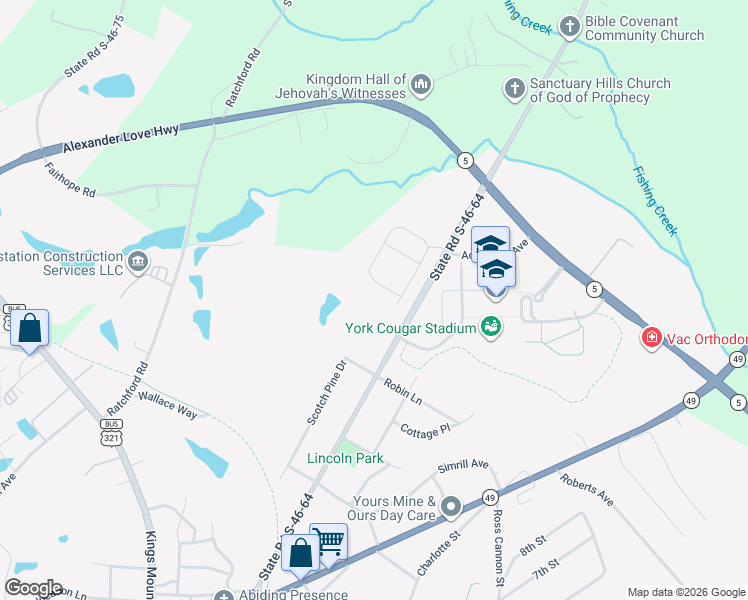 map of restaurants, bars, coffee shops, grocery stores, and more near 195 Scotch Pine Drive in York