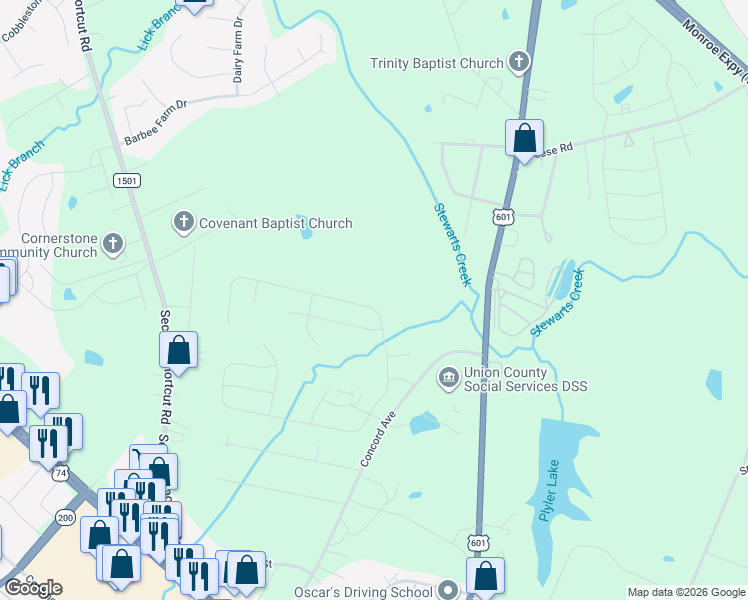 map of restaurants, bars, coffee shops, grocery stores, and more near Unnamed Road in Monroe