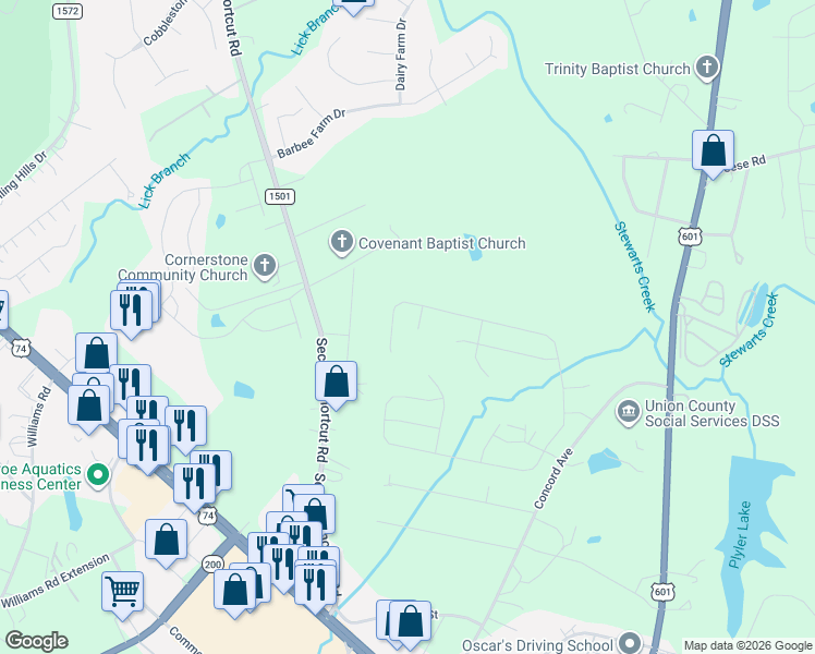 map of restaurants, bars, coffee shops, grocery stores, and more near 2516 Switchgrass Court in Monroe