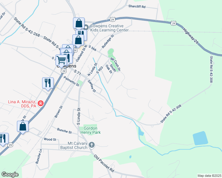 map of restaurants, bars, coffee shops, grocery stores, and more near 220 Boulder Court in Cowpens