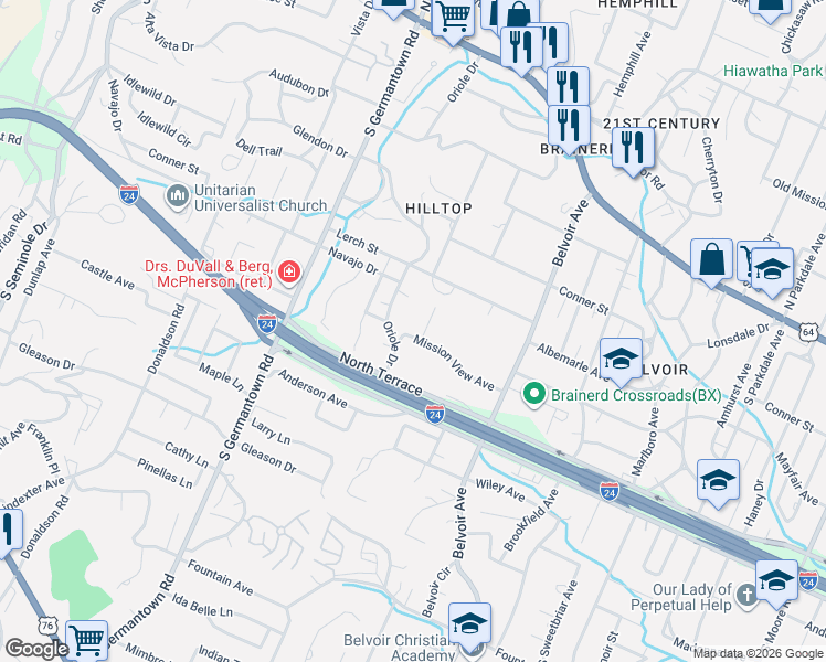 map of restaurants, bars, coffee shops, grocery stores, and more near 300-399 Hilltop Drive in Chattanooga