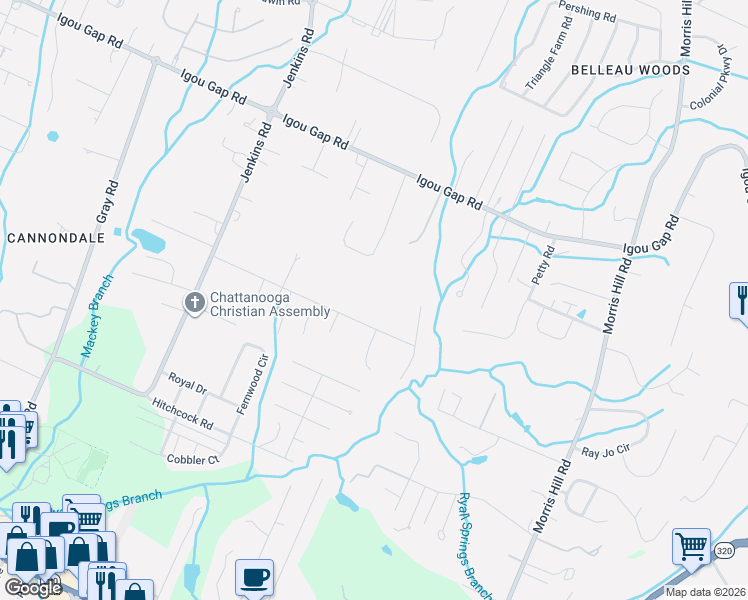 map of restaurants, bars, coffee shops, grocery stores, and more near 8219 Graham Road in Chattanooga