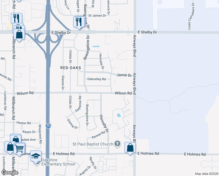 map of restaurants, bars, coffee shops, grocery stores, and more near 2103 Meadowview Lane in Memphis