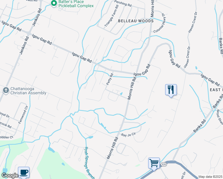 map of restaurants, bars, coffee shops, grocery stores, and more near 8599 Petty Road in Chattanooga
