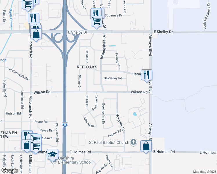 map of restaurants, bars, coffee shops, grocery stores, and more near 2049 Meadowview Lane in Memphis