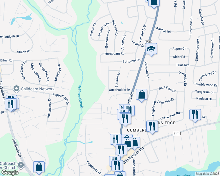 map of restaurants, bars, coffee shops, grocery stores, and more near 2255 Memory Street in Fayetteville