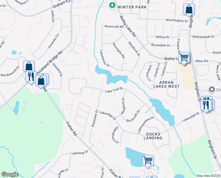 map of restaurants, bars, coffee shops, grocery stores, and more near 2095-2099 Baywater Drive in Fayetteville