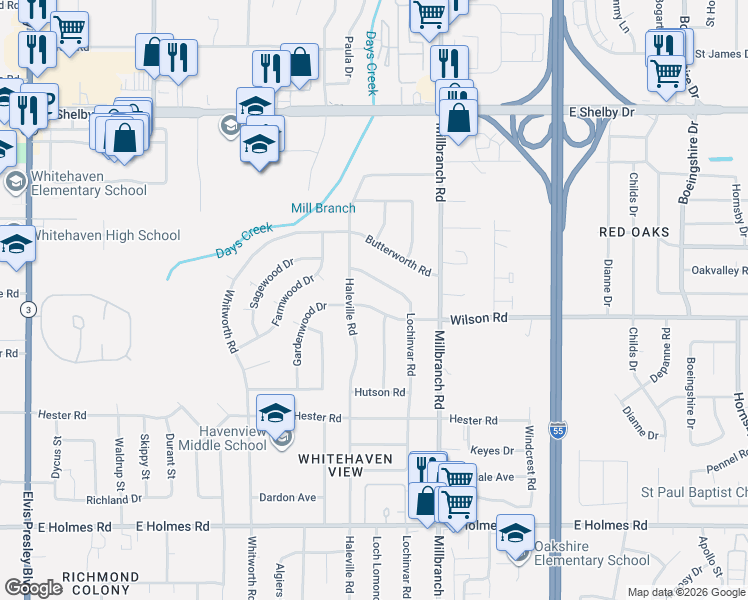 map of restaurants, bars, coffee shops, grocery stores, and more near 1598 Wilson Rd in Memphis