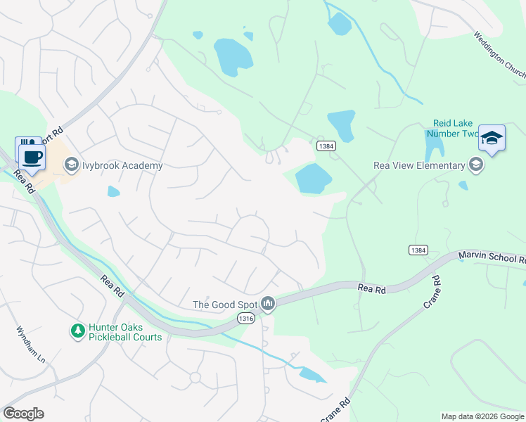 map of restaurants, bars, coffee shops, grocery stores, and more near 8600 Riverdale Court in Waxhaw