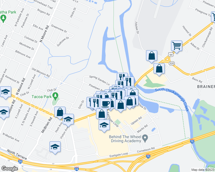 map of restaurants, bars, coffee shops, grocery stores, and more near 5610 Spring Garden Lane in Chattanooga