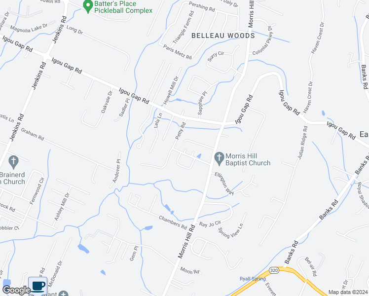 map of restaurants, bars, coffee shops, grocery stores, and more near 8601 Petty Road in Chattanooga