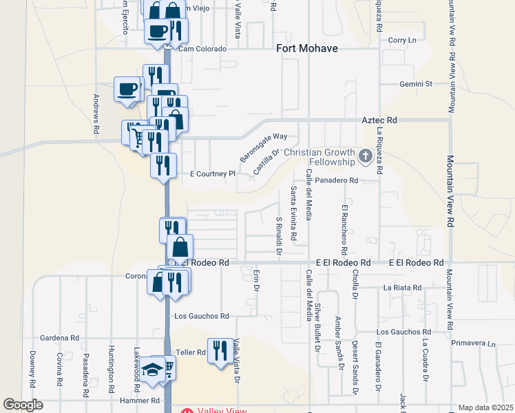 map of restaurants, bars, coffee shops, grocery stores, and more near 1635 East Rinaldi Way in Fort Mohave