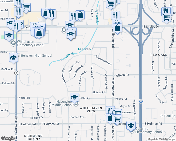 map of restaurants, bars, coffee shops, grocery stores, and more near 4919 Gardenwood Drive in Memphis
