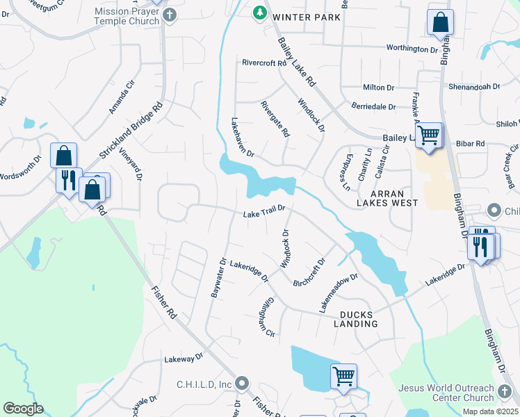 map of restaurants, bars, coffee shops, grocery stores, and more near 6220 Lake Trail Drive in Fayetteville