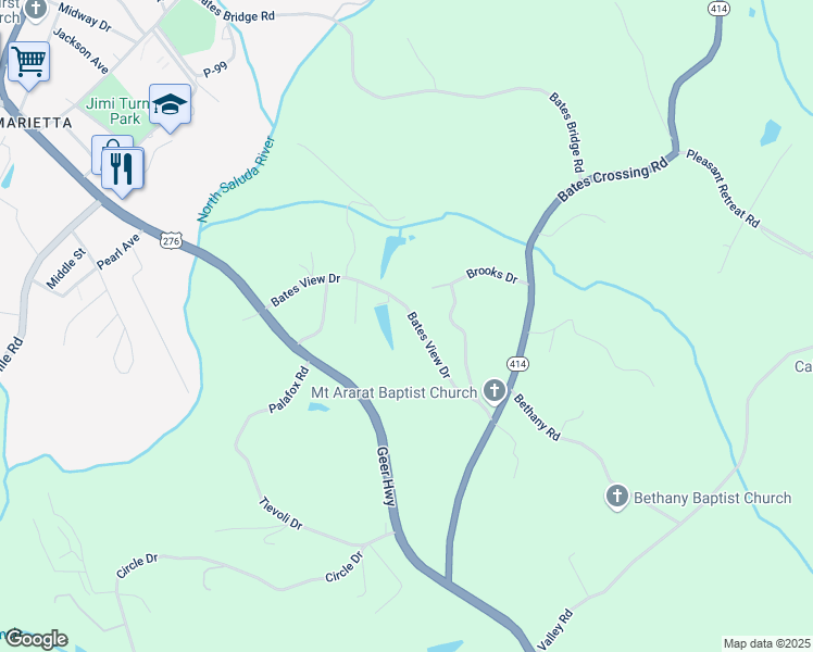 map of restaurants, bars, coffee shops, grocery stores, and more near 310 Bates View Drive in Travelers Rest