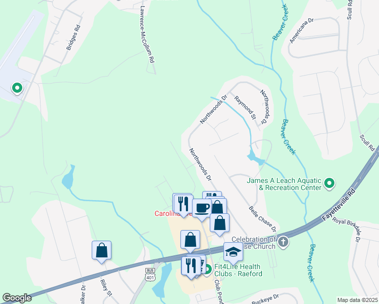 map of restaurants, bars, coffee shops, grocery stores, and more near 423 Northwoods Drive in Raeford