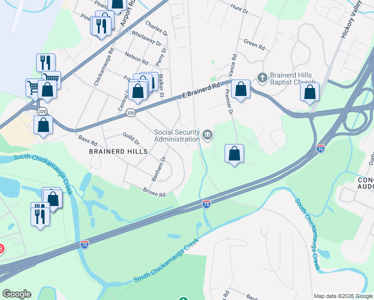 map of restaurants, bars, coffee shops, grocery stores, and more near 476 Williams Drive in Chattanooga