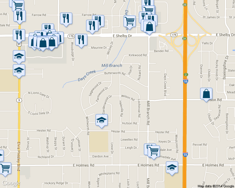 map of restaurants, bars, coffee shops, grocery stores, and more near 4915 Haleville Road in Memphis