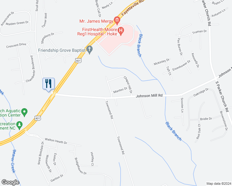 map of restaurants, bars, coffee shops, grocery stores, and more near 106 Manteo Drive in Raeford