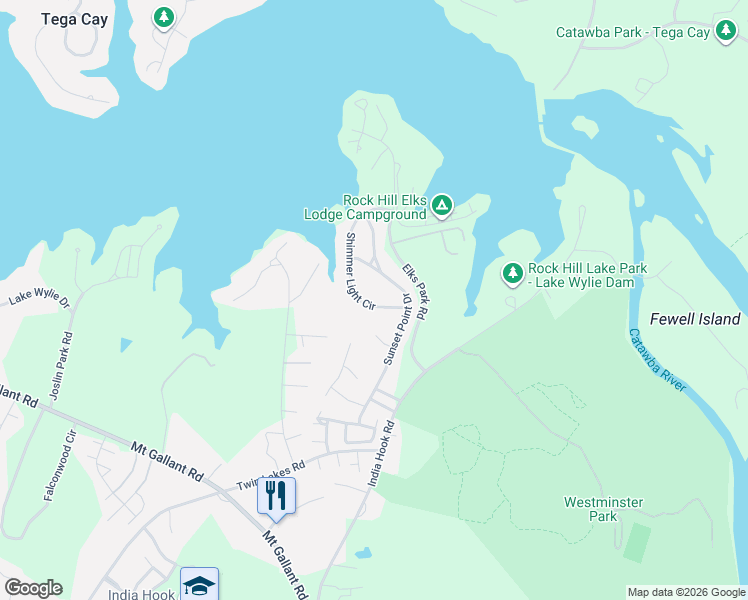 map of restaurants, bars, coffee shops, grocery stores, and more near 1328 Shimmer Light Circle in Rock Hill