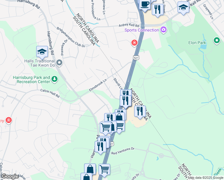map of restaurants, bars, coffee shops, grocery stores, and more near 9929 Sherill Lane in Fort Mill