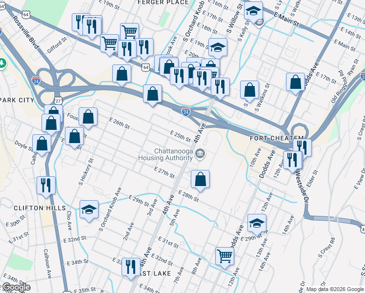 map of restaurants, bars, coffee shops, grocery stores, and more near 2106 East 25th Street Place in Chattanooga