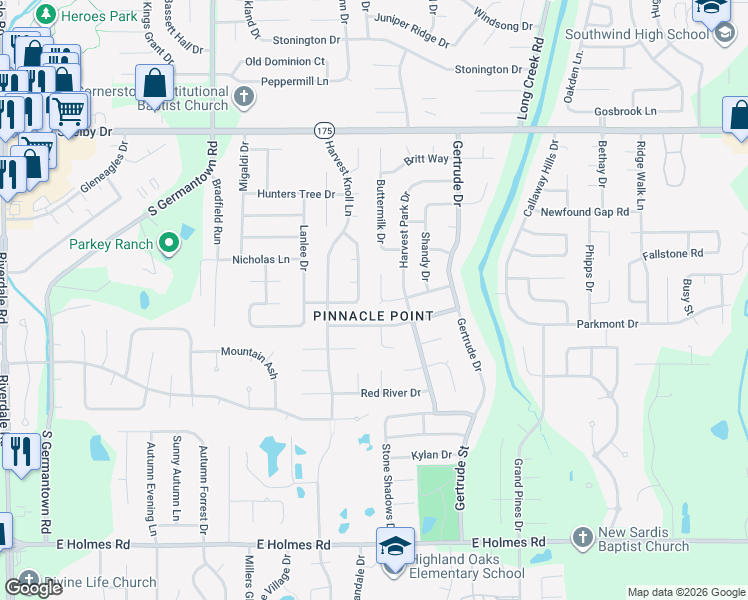 map of restaurants, bars, coffee shops, grocery stores, and more near 4907 Bronze Drive in Memphis