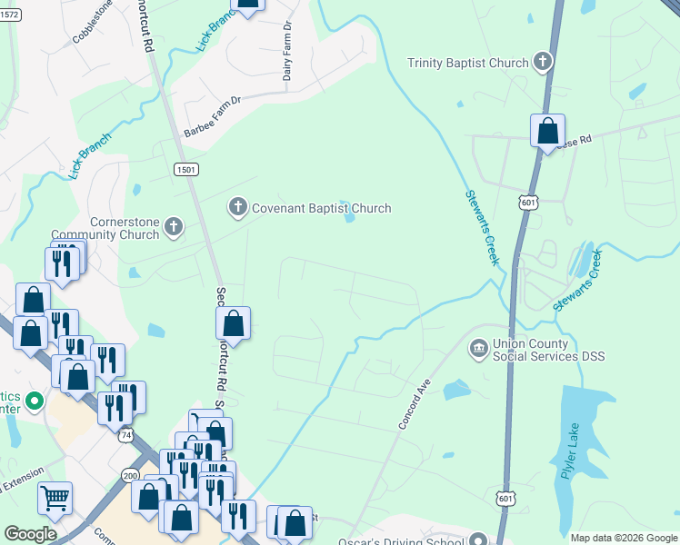 map of restaurants, bars, coffee shops, grocery stores, and more near 2323 Concord Highway in Monroe