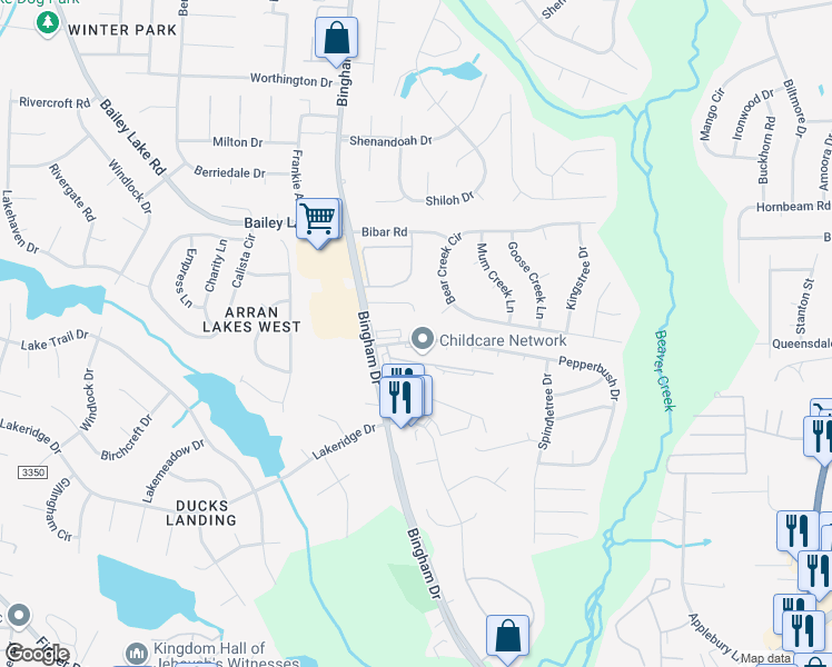 map of restaurants, bars, coffee shops, grocery stores, and more near 5796 Pepperbush Drive in Fayetteville