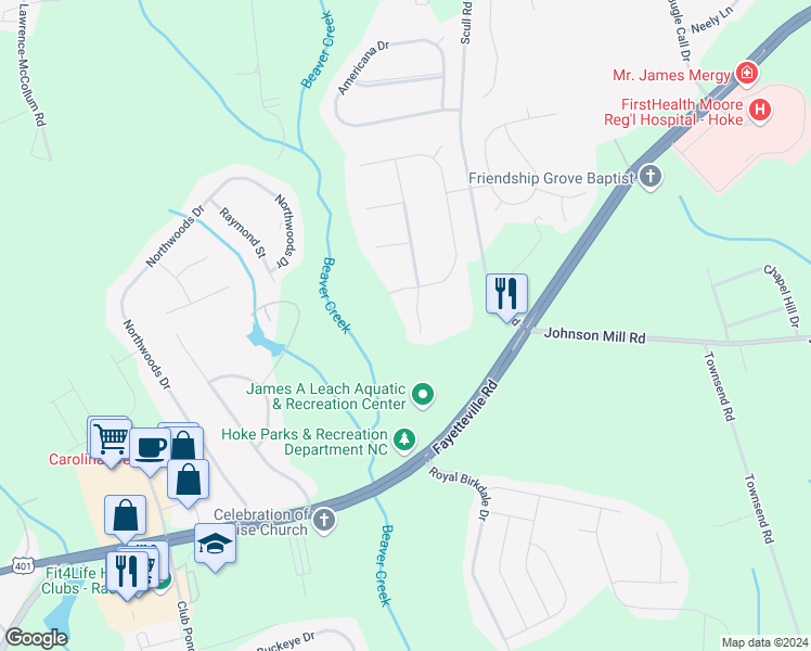map of restaurants, bars, coffee shops, grocery stores, and more near 182 Berkshire Court in Raeford