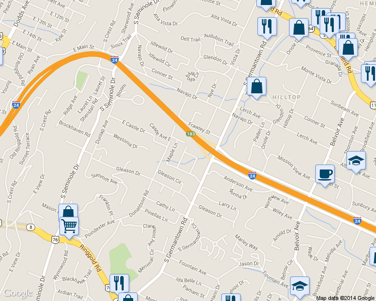 map of restaurants, bars, coffee shops, grocery stores, and more near 500 Bonnie Lassie Ave in Chattanooga