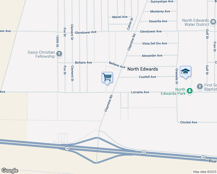 map of restaurants, bars, coffee shops, grocery stores, and more near 13015 Claymine Road in North Edwards
