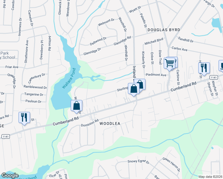 map of restaurants, bars, coffee shops, grocery stores, and more near 4522 Sterling Street in Fayetteville