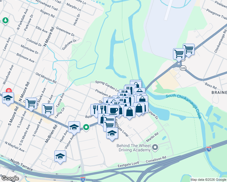map of restaurants, bars, coffee shops, grocery stores, and more near 5606 Spring Garden Lane in Chattanooga