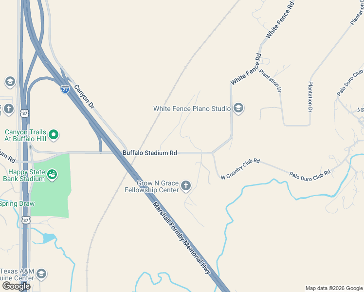 map of restaurants, bars, coffee shops, grocery stores, and more near 6303 Buffalo Stadium Road in Canyon