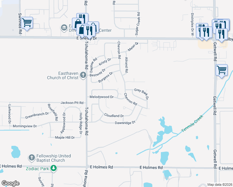 map of restaurants, bars, coffee shops, grocery stores, and more near 3405 Spring Shadow Drive in Memphis