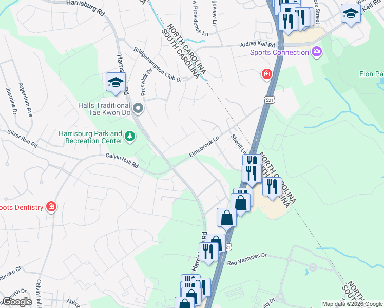 map of restaurants, bars, coffee shops, grocery stores, and more near 10078 Elmsbrook Lane in Fort Mill
