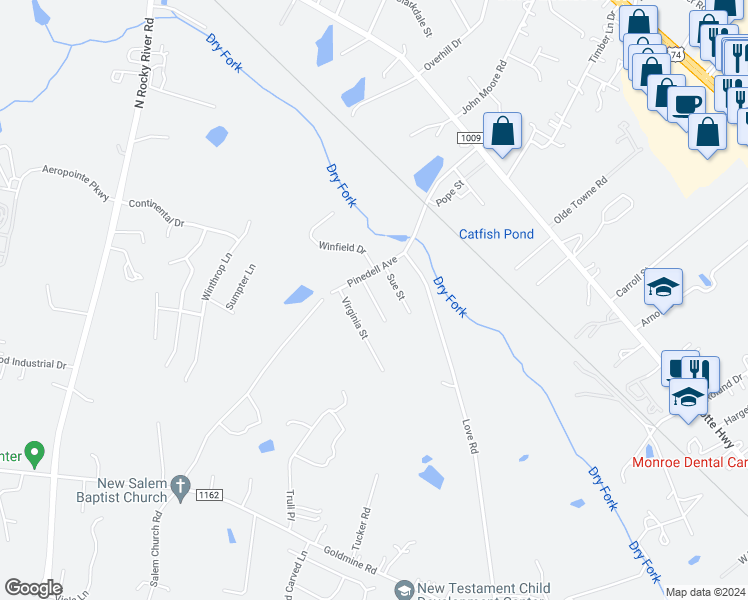 map of restaurants, bars, coffee shops, grocery stores, and more near Carson Street in Monroe