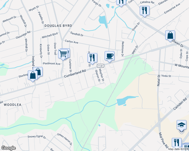 map of restaurants, bars, coffee shops, grocery stores, and more near 2611 Warhorse Street in Fayetteville