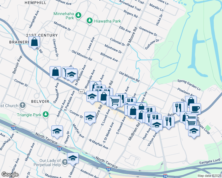 map of restaurants, bars, coffee shops, grocery stores, and more near 100 North Moore Road in Chattanooga