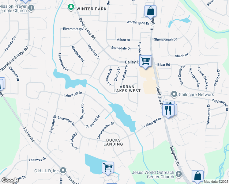 map of restaurants, bars, coffee shops, grocery stores, and more near 1912 Calista Circle in Fayetteville