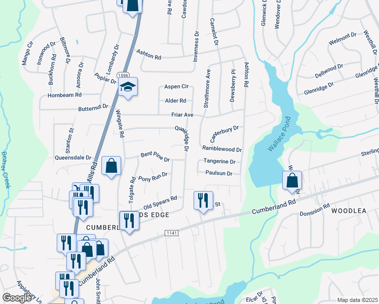 map of restaurants, bars, coffee shops, grocery stores, and more near 2157 Quailridge Drive in Fayetteville