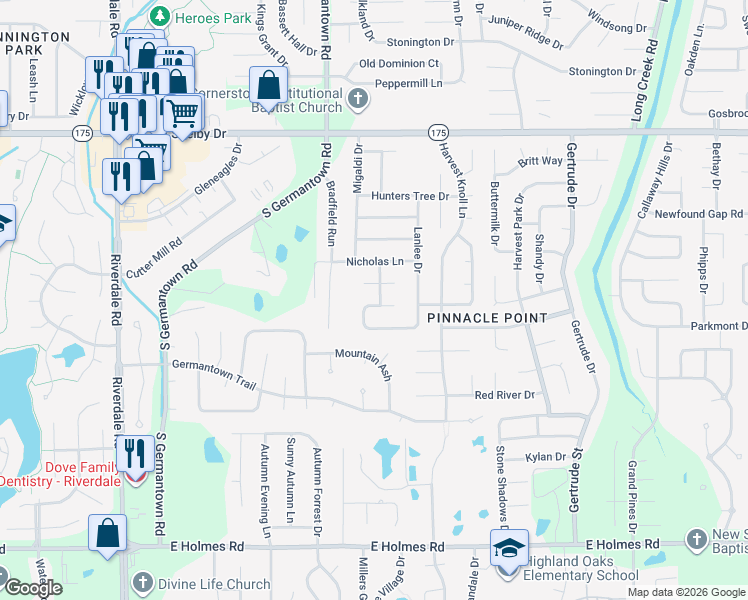map of restaurants, bars, coffee shops, grocery stores, and more near 4905 Foyle Way in Memphis