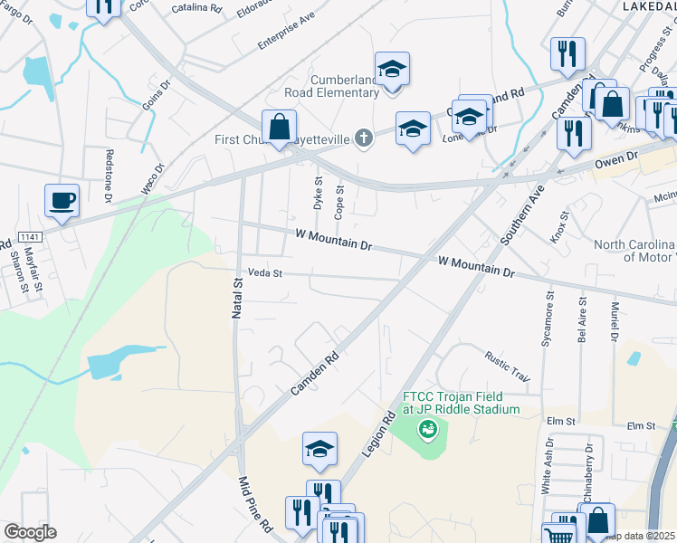 map of restaurants, bars, coffee shops, grocery stores, and more near 720 Veda Street in Fayetteville