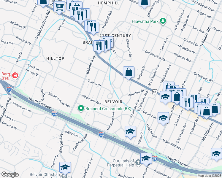 map of restaurants, bars, coffee shops, grocery stores, and more near 107 Tuxedo Circle in Chattanooga