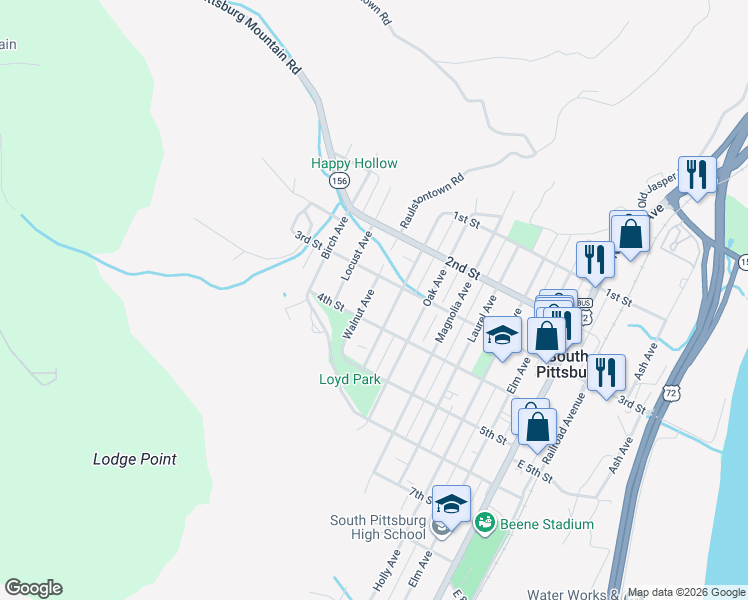 map of restaurants, bars, coffee shops, grocery stores, and more near 311 Walnut Avenue in South Pittsburg