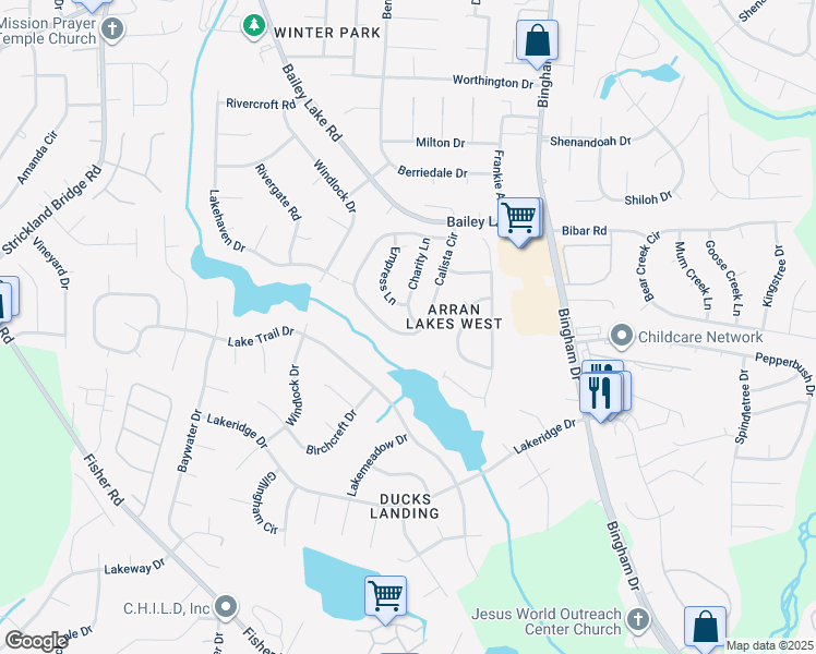 map of restaurants, bars, coffee shops, grocery stores, and more near 1912 Calista Circle in Fayetteville