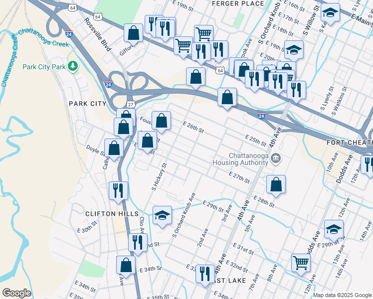 map of restaurants, bars, coffee shops, grocery stores, and more near 1719 East 27th Street in Chattanooga